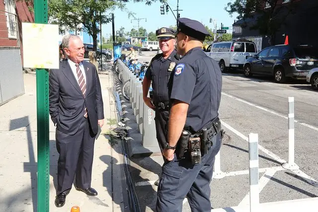 Mayor Bloomberg greets police officers yesterday